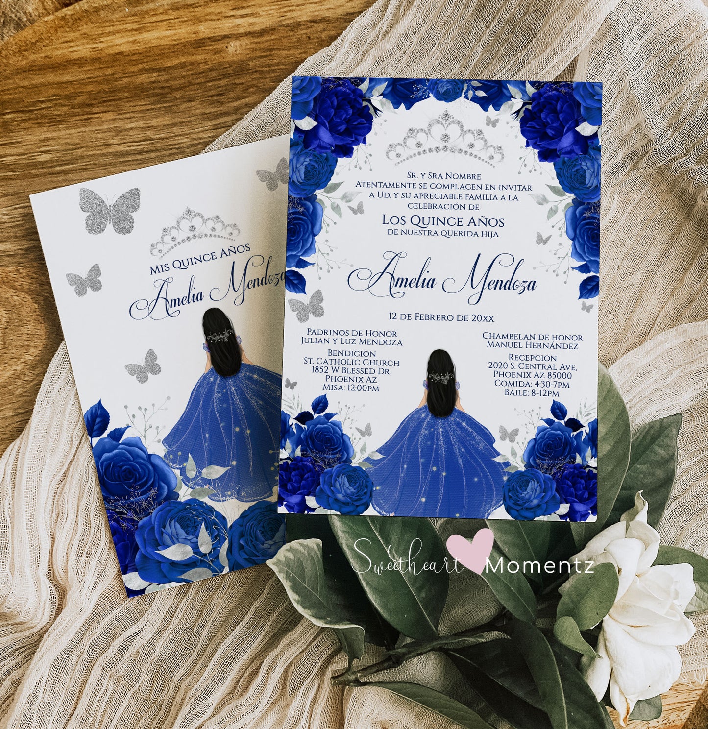 Royal Blue and Silver Butterfly Quinceanera Invitation with White Background Style: Amelia