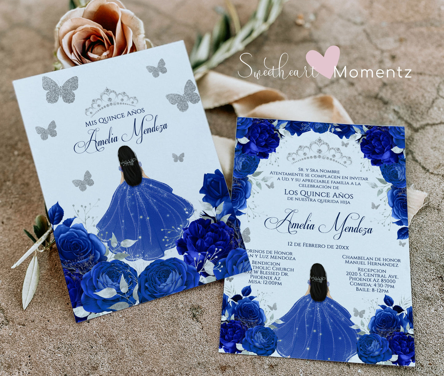 Royal Blue and Silver Butterfly Quinceanera Invitation with White Background Style: Amelia