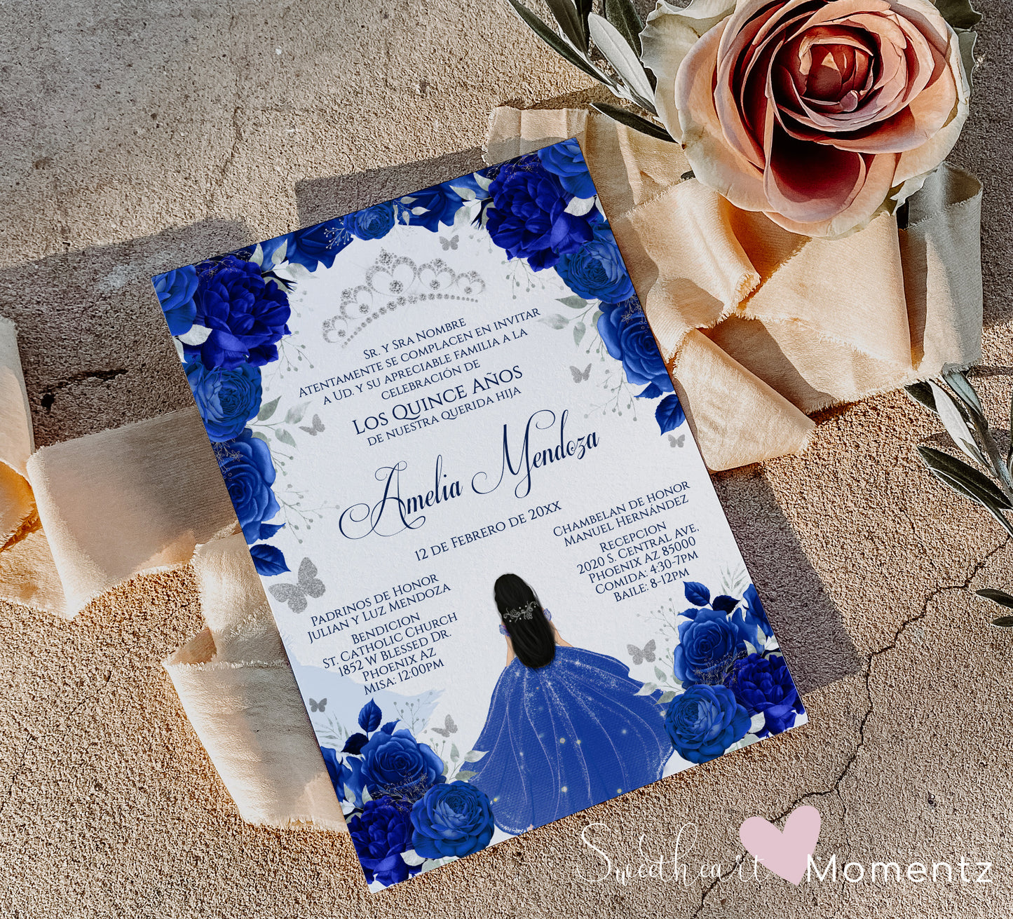 Royal Blue and Silver Butterfly Quinceanera Invitation with White Background Style: Amelia