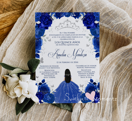 Royal Blue and Silver Butterfly Quinceanera Invitation with White Background Style: Amelia