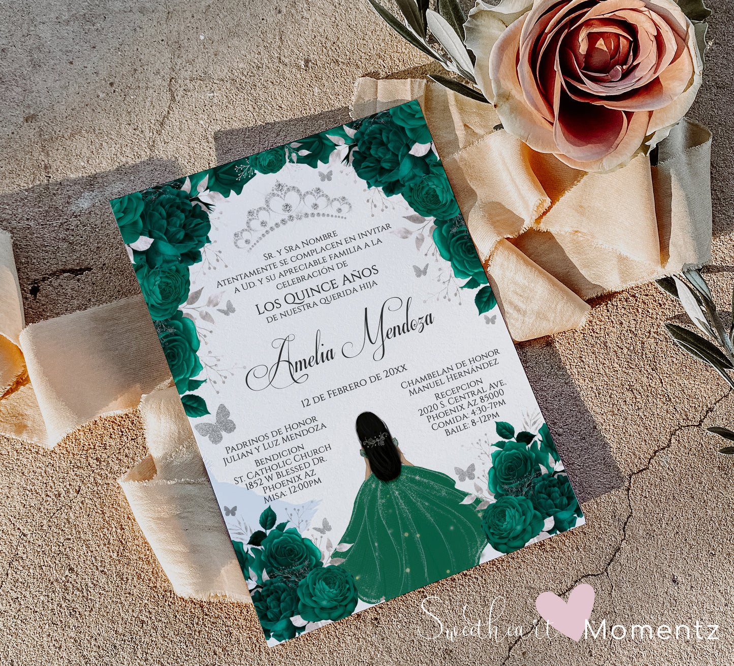 Emerald  Green and Silver Butterfly Quinceanera Invitation with White Background Style: Amelia