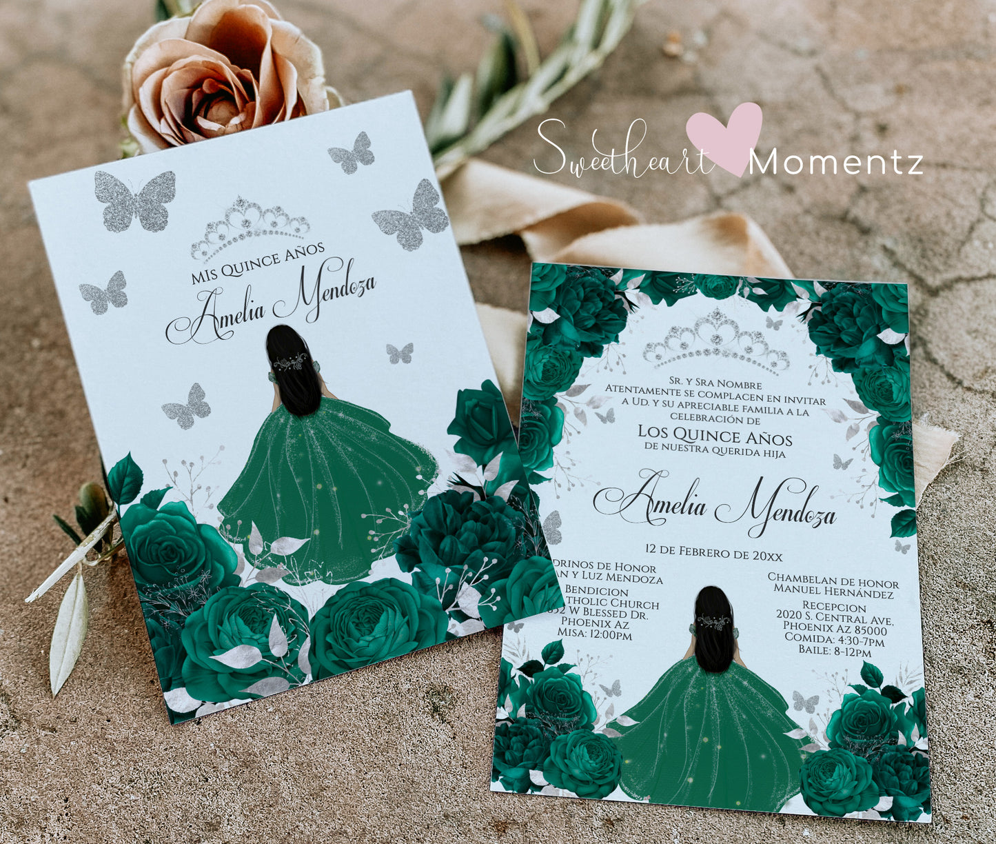 Emerald  Green and Silver Butterfly Quinceanera Invitation with White Background Style: Amelia