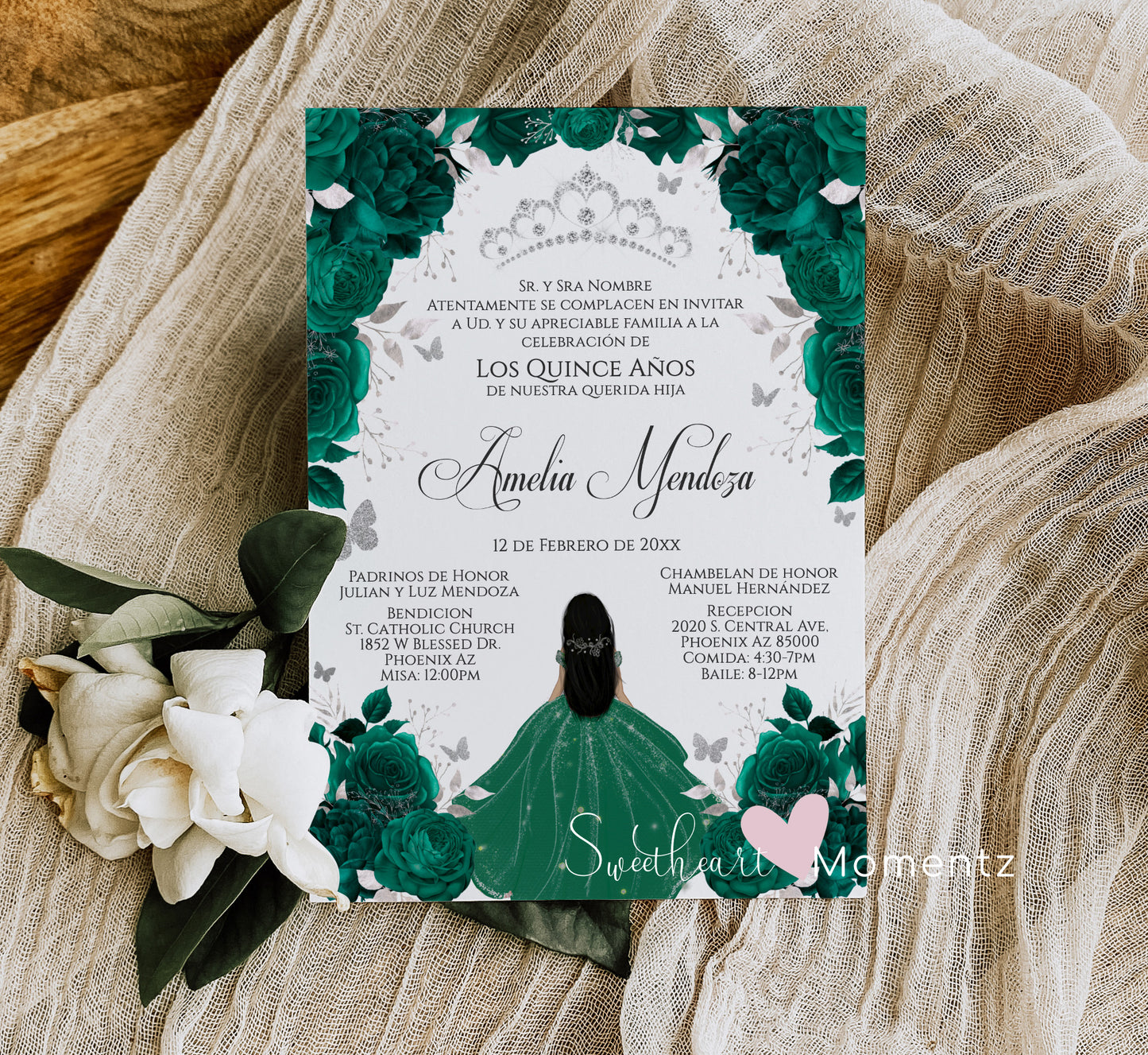 Emerald  Green and Silver Butterfly Quinceanera Invitation with White Background Style: Amelia