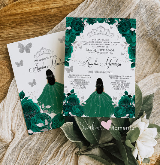 Emerald  Green and Silver Butterfly Quinceanera Invitation with White Background Style: Amelia