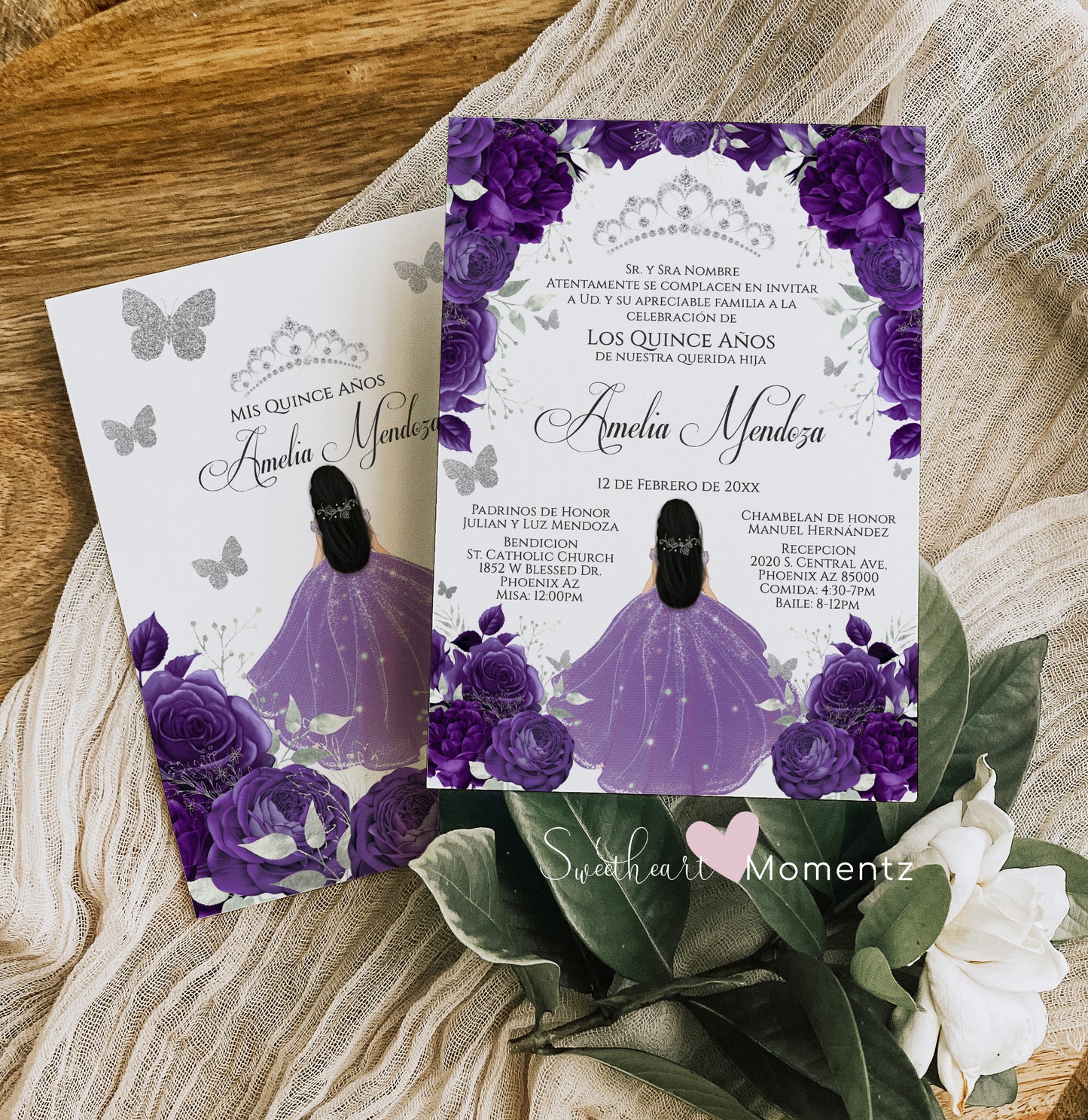 Purple and Silver Butterfly Quinceanera Invitation with White Background Style: Amelia