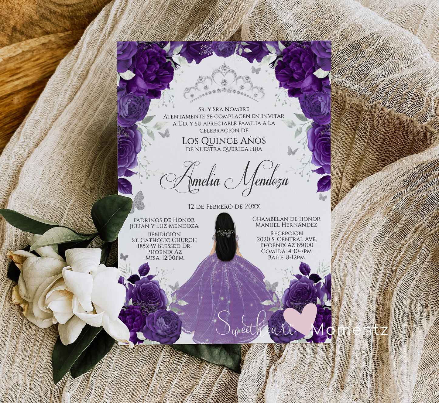 Purple and Silver Butterfly Quinceanera Invitation with White Background Style: Amelia