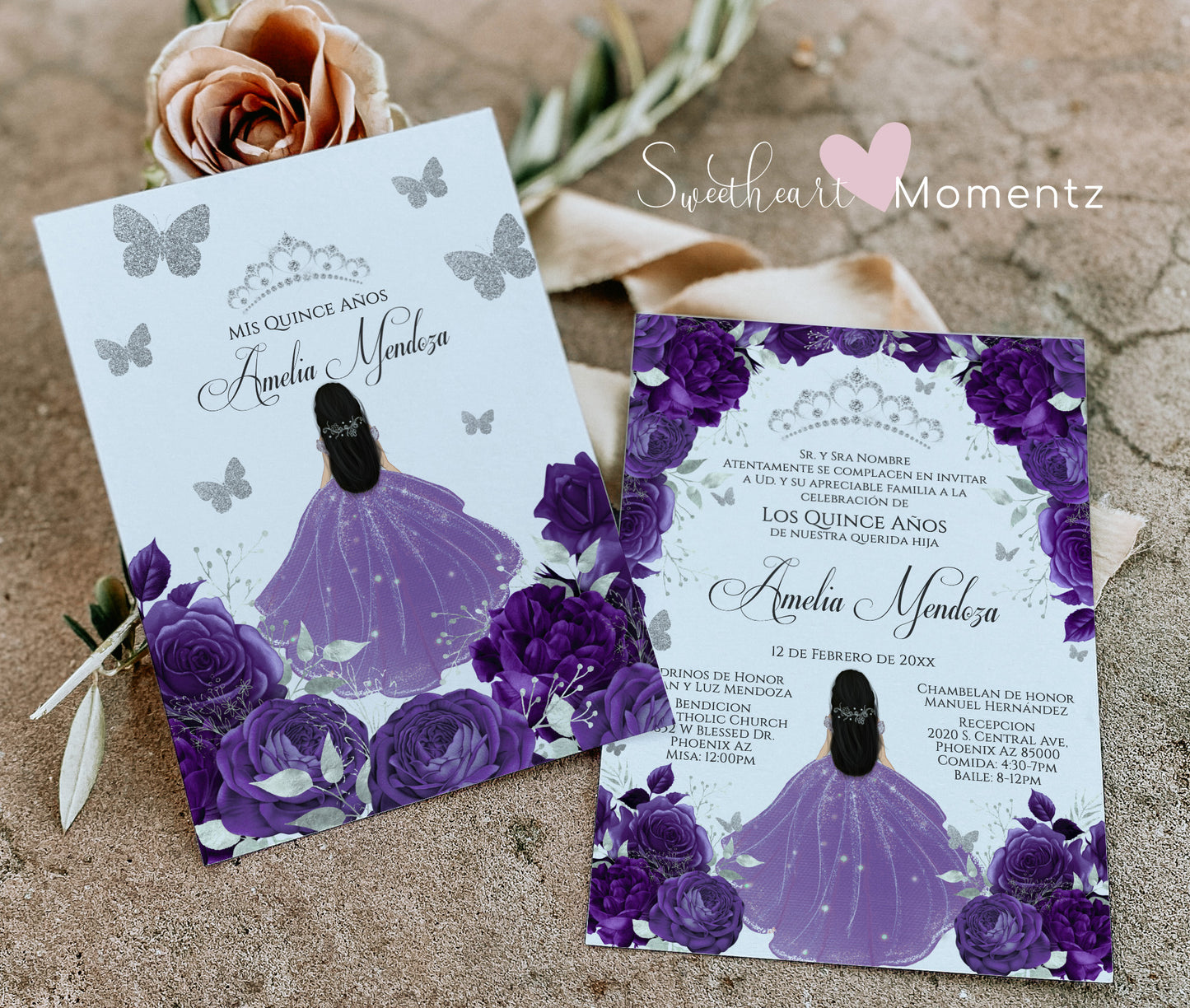 Purple and Silver Butterfly Quinceanera Invitation with White Background Style: Amelia