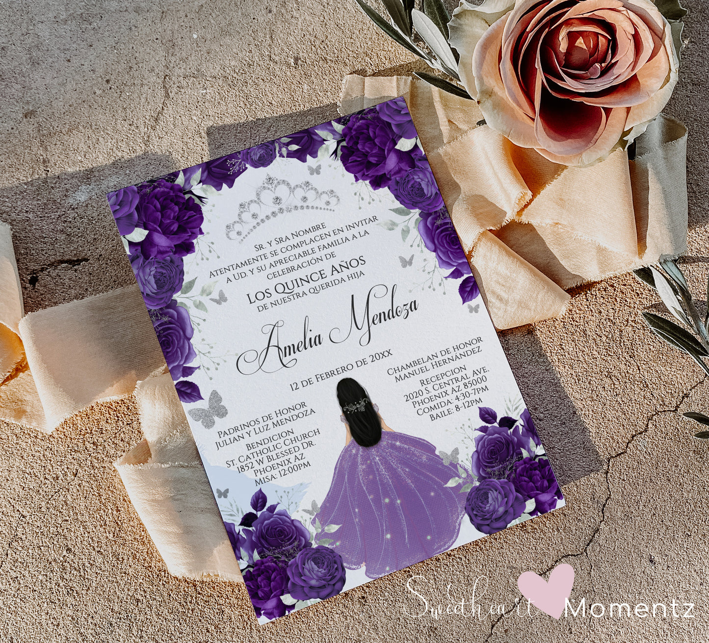 Purple and Silver Butterfly Quinceanera Invitation with White Background Style: Amelia