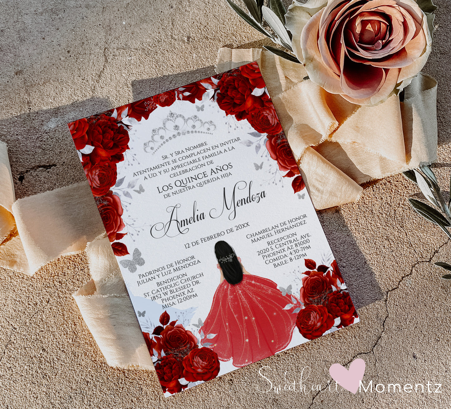 Red and Silver Butterfly Quinceanera Invitation with White Background Style: Amelia