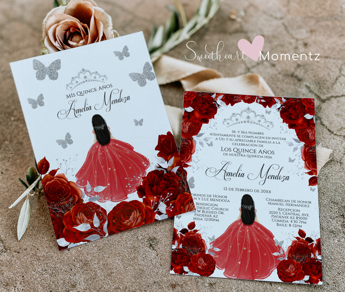 Red and Silver Butterfly Quinceanera Invitation with White Background Style: Amelia