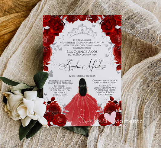 Red and Silver Butterfly Quinceanera Invitation with White Background Style: Amelia