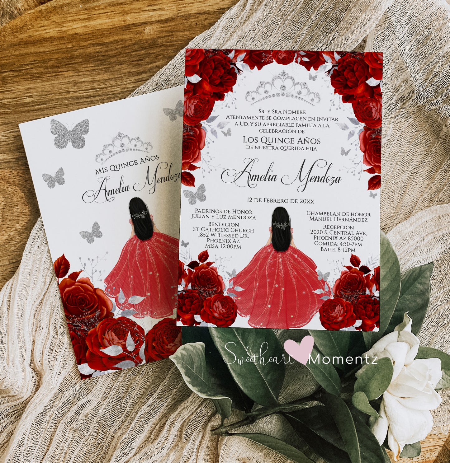 Red and Silver Butterfly Quinceanera Invitation with White Background Style: Amelia