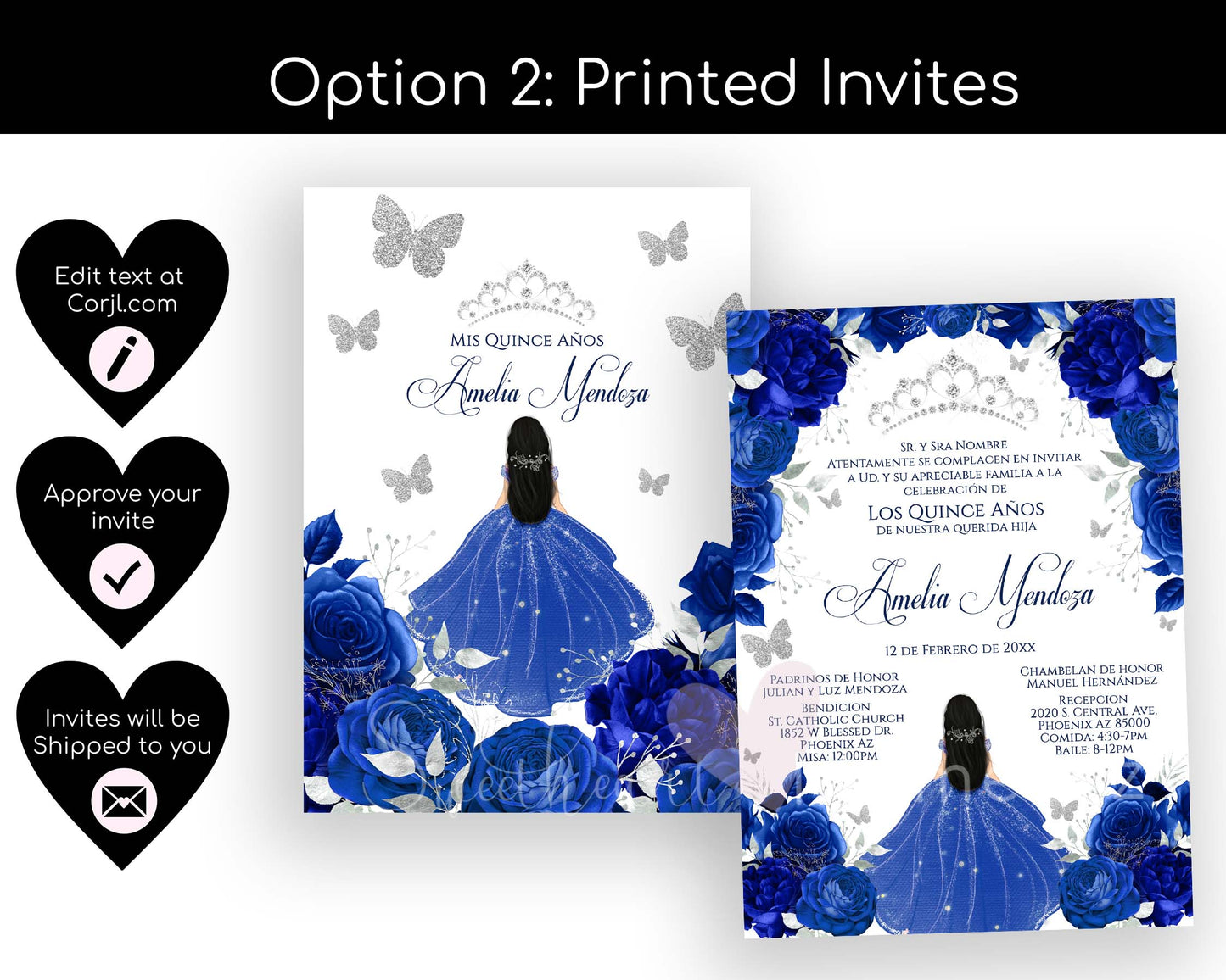 Royal Blue and Silver Butterfly Quinceanera Invitation with White Background Style: Amelia