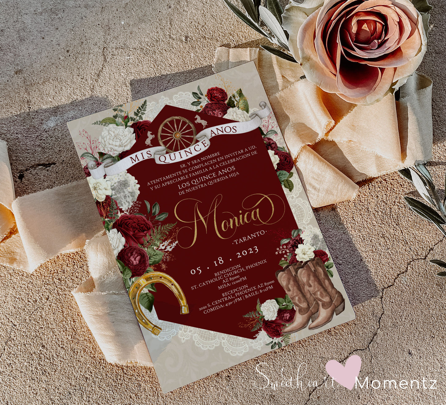 Burgundy and White Charro Quinceanera Invitation Style: Monica