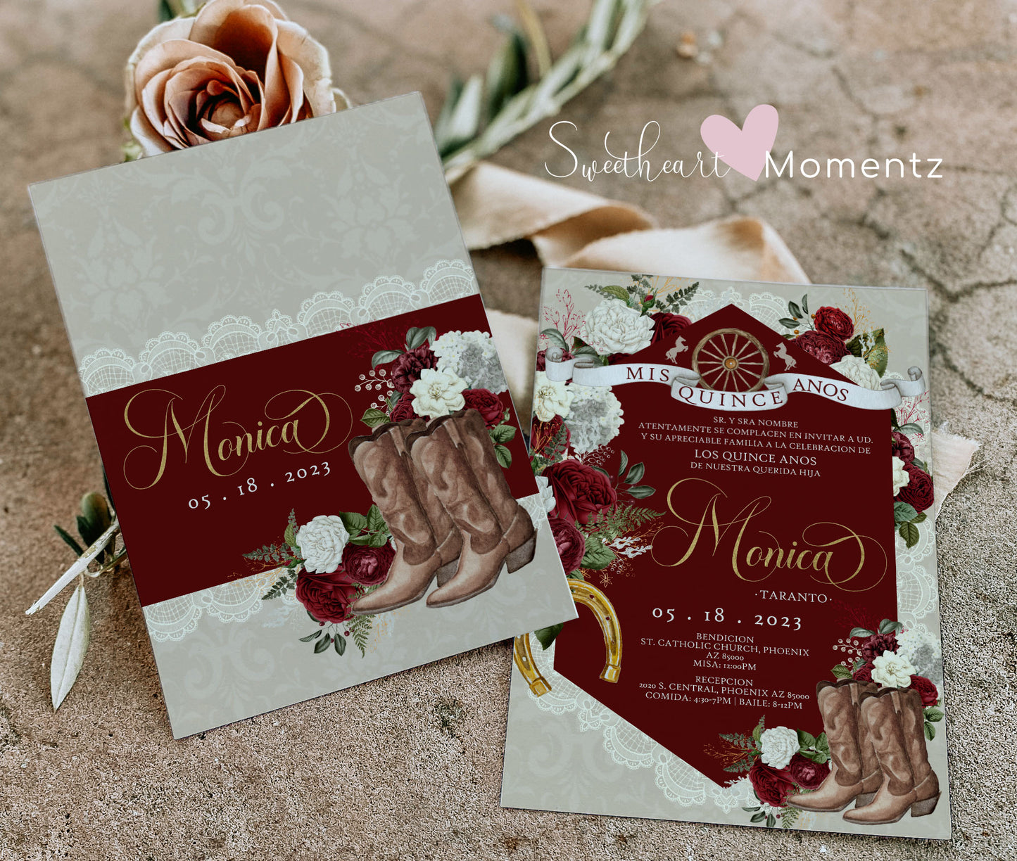 Burgundy and White Charro Quinceanera Invitation Style: Monica