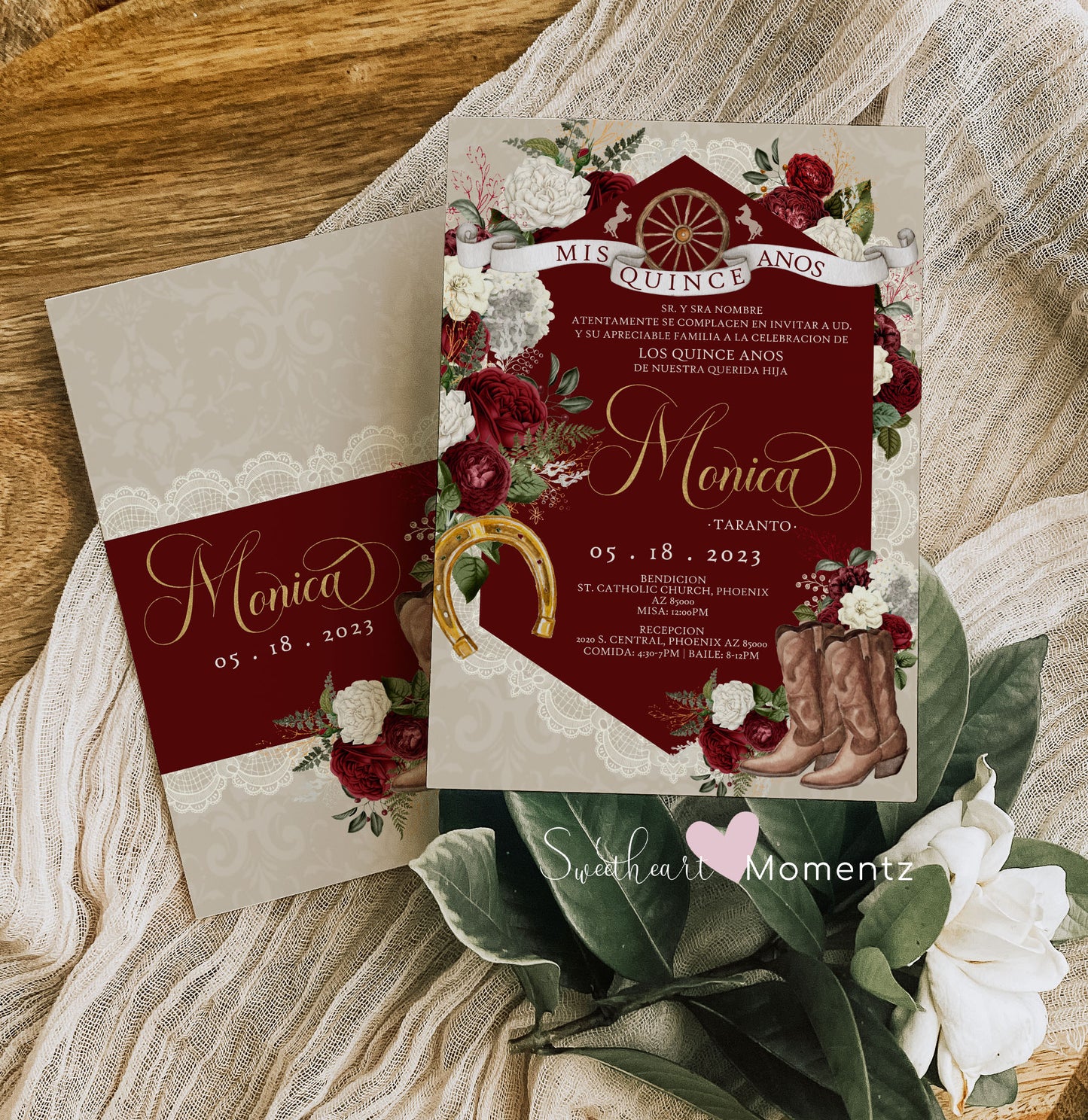 Burgundy and White Charro Quinceanera Invitation Style: Monica