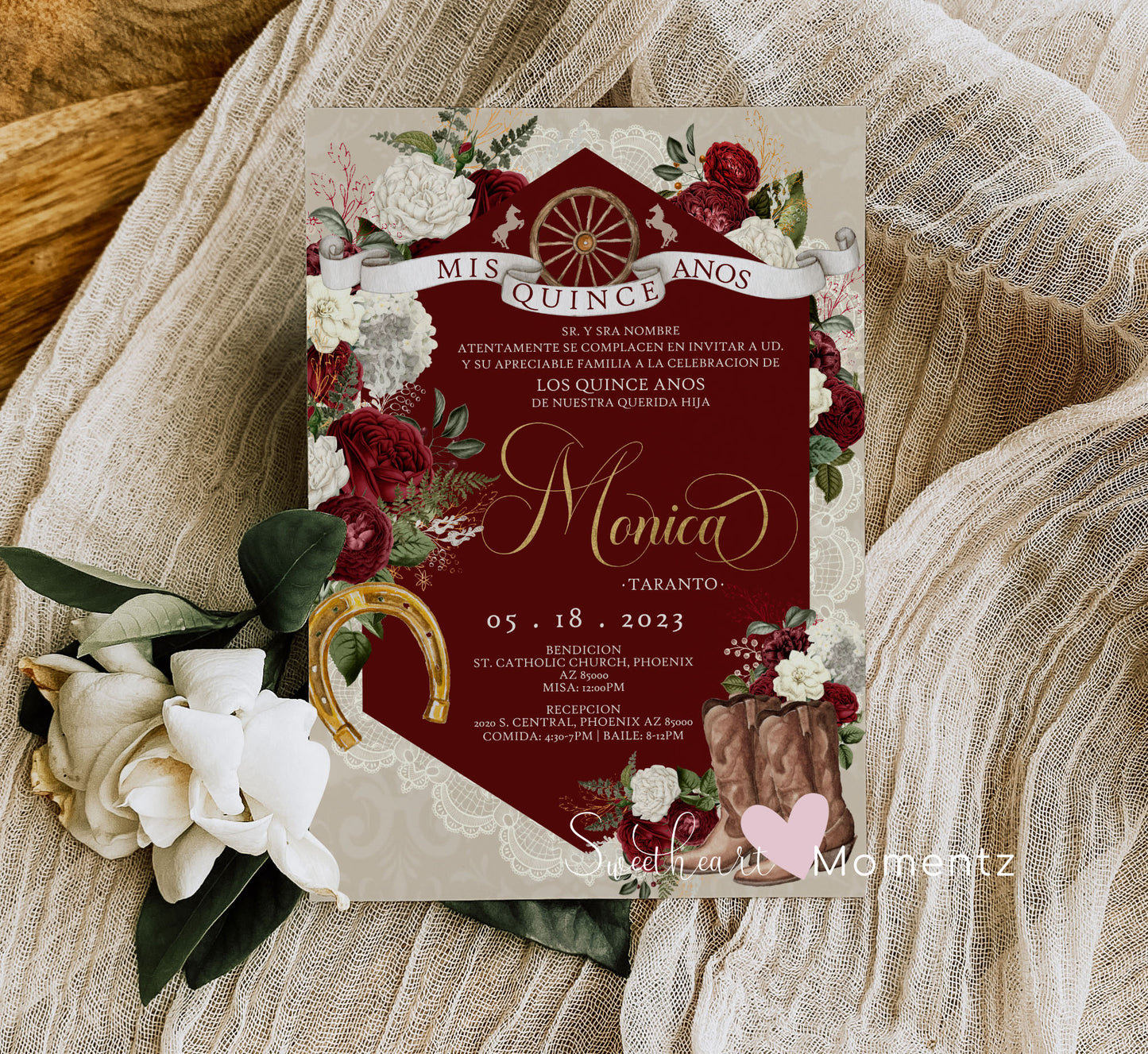 Burgundy and White Charro Quinceanera Invitation Style: Monica