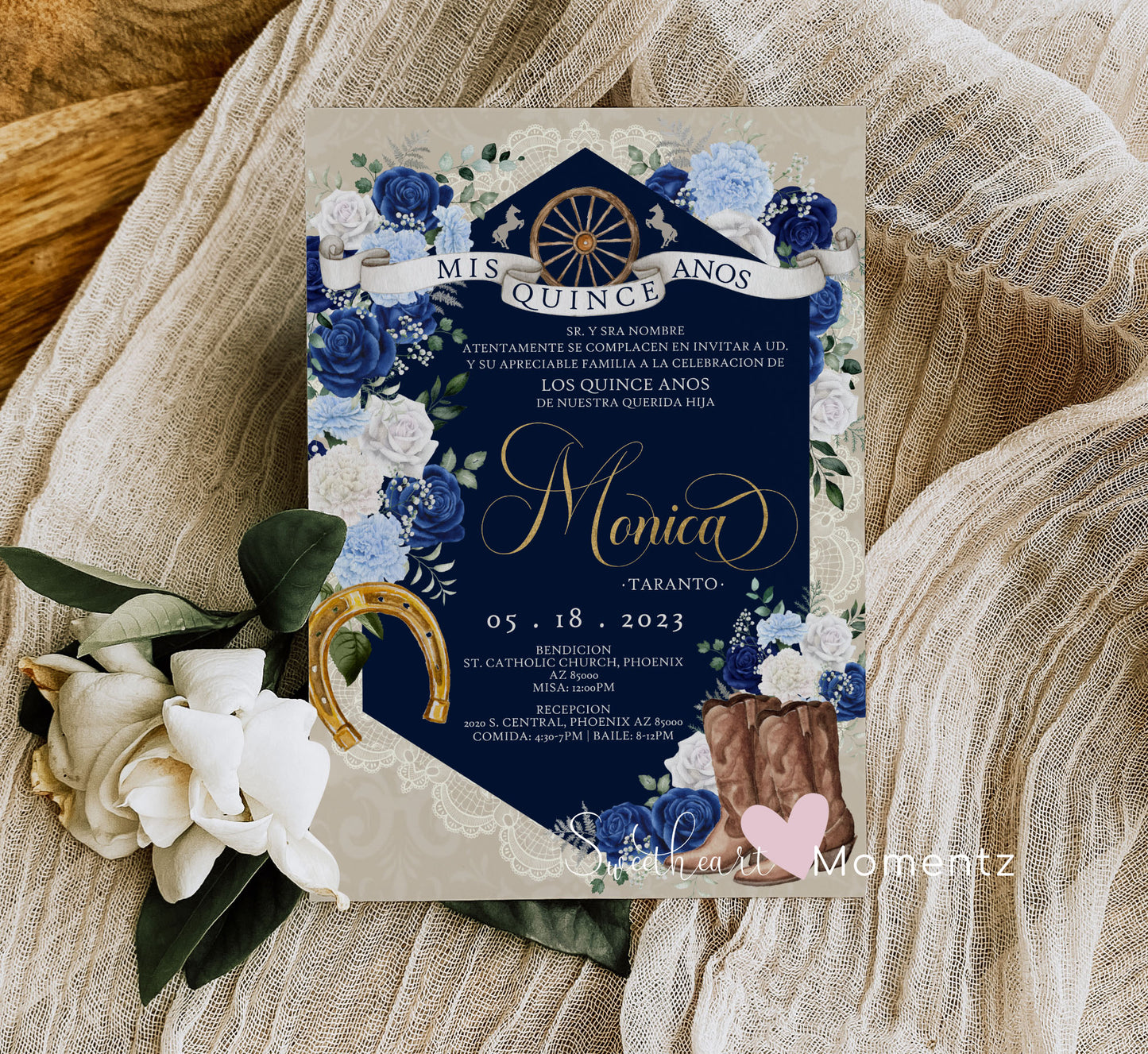 Blue and White Charro Quinceanera Invitation Style: Monica