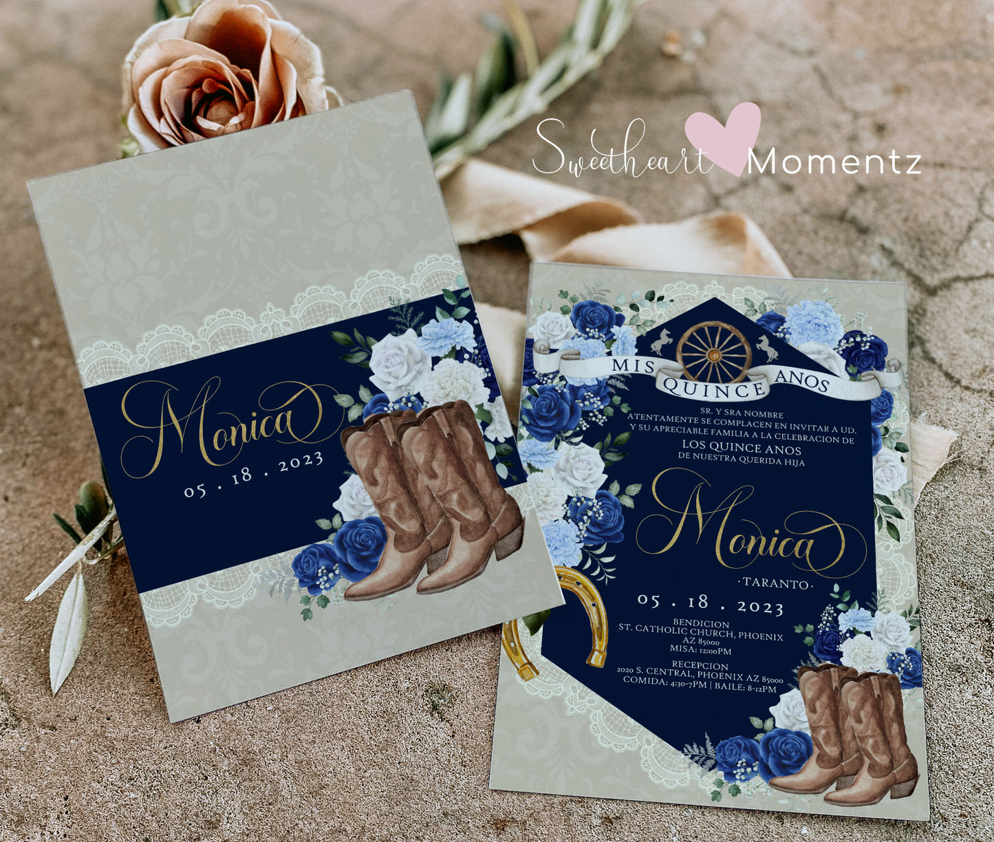 Blue and White Charro Quinceanera Invitation Style: Monica