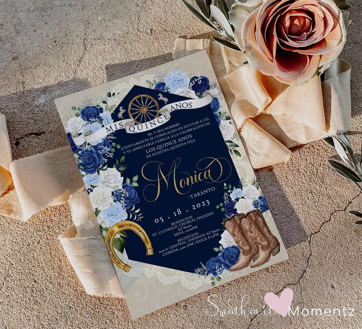 Blue and White Charro Quinceanera Invitation Style: Monica