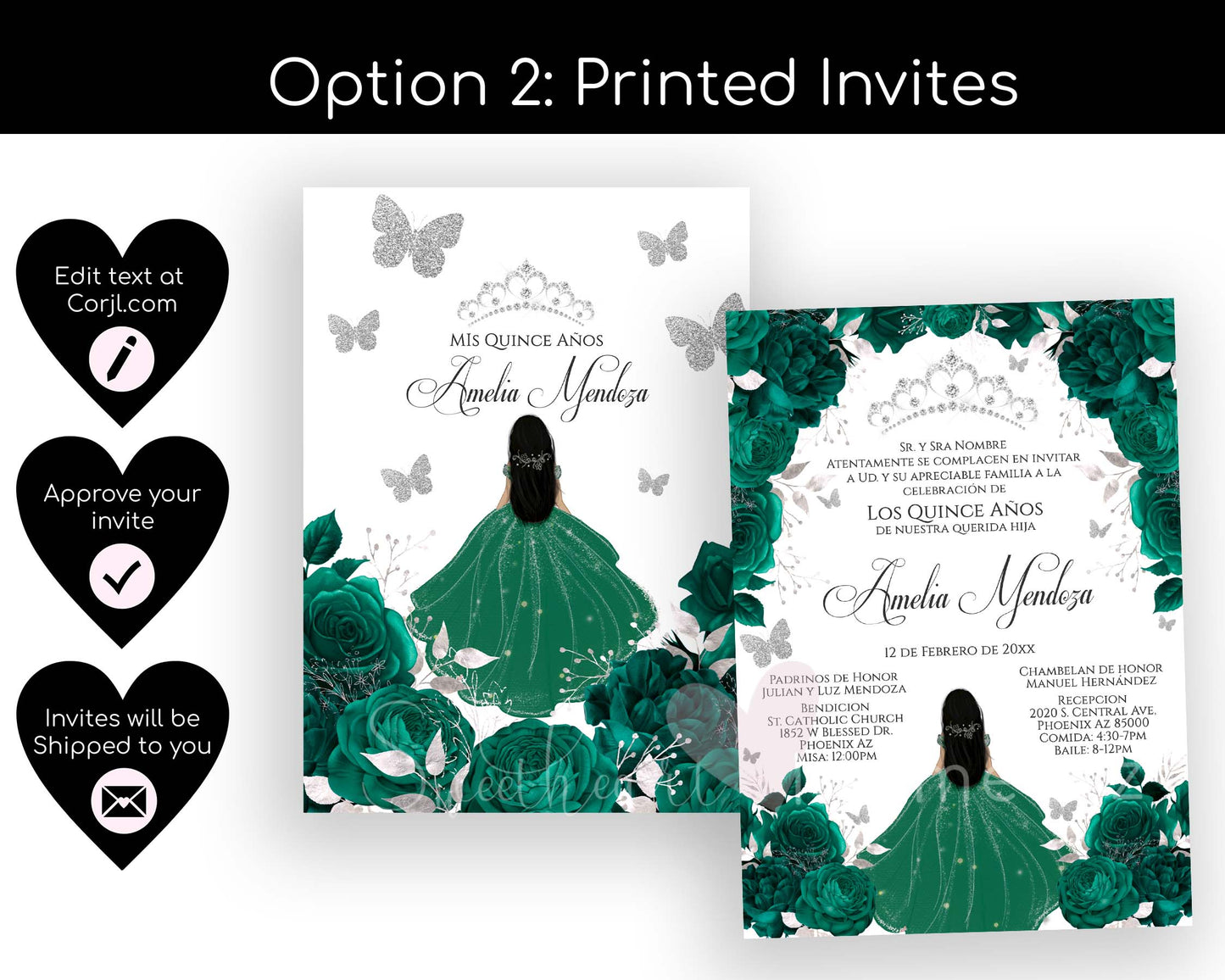 Emerald  Green and Silver Butterfly Quinceanera Invitation with White Background Style: Amelia