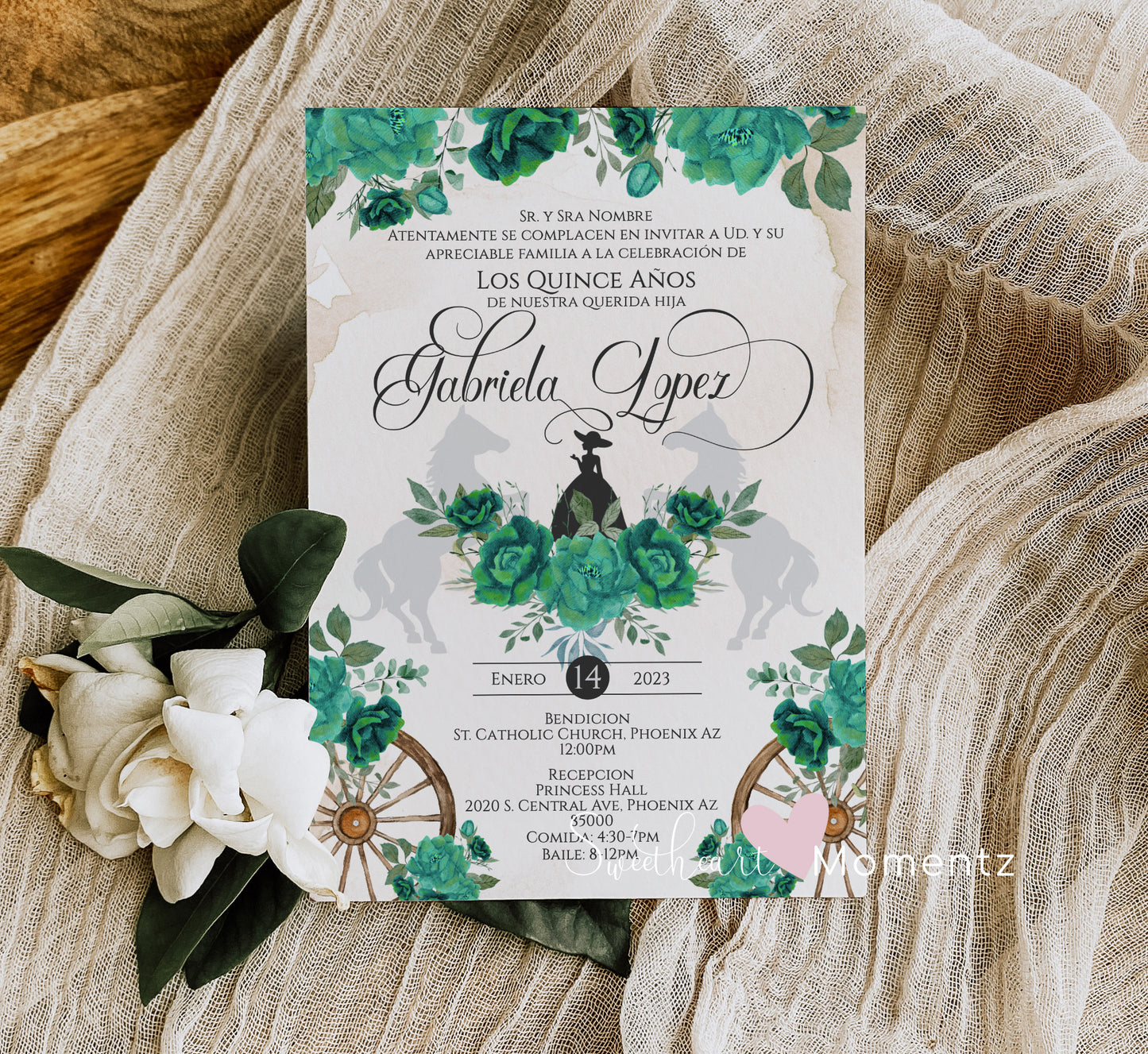 Emerald Green Charro Quinceanera Invitation Style: Gabriela