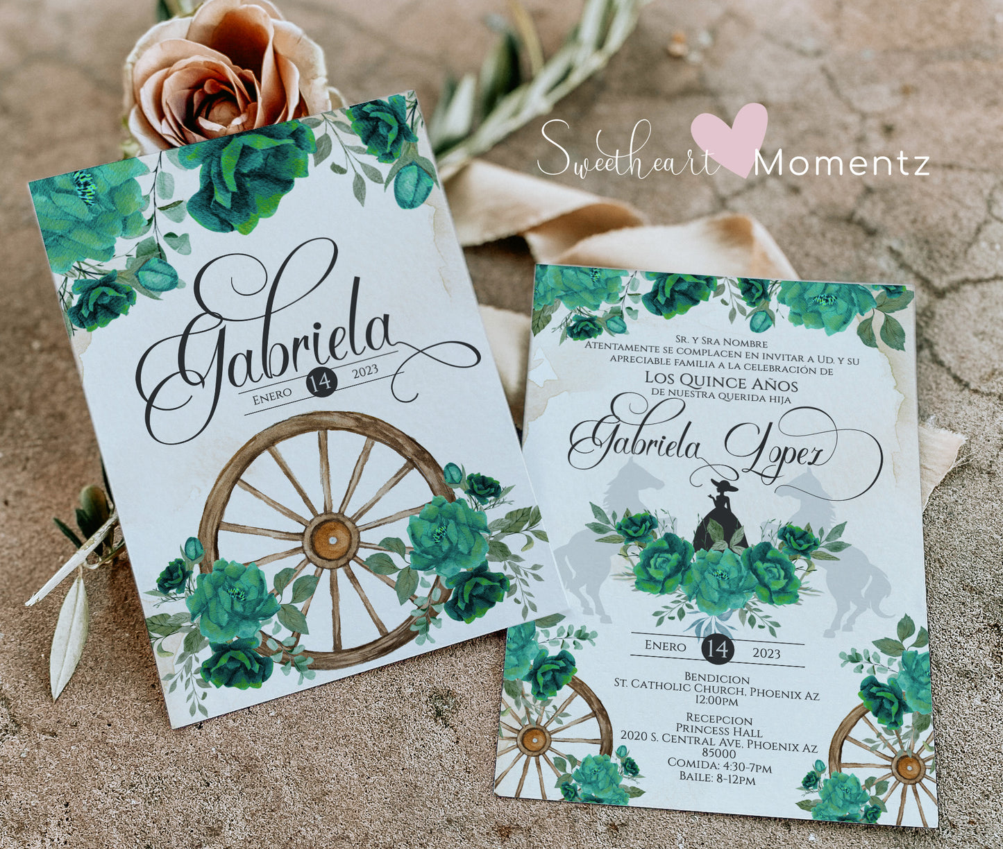 Emerald Green Charro Quinceanera Invitation Style: Gabriela