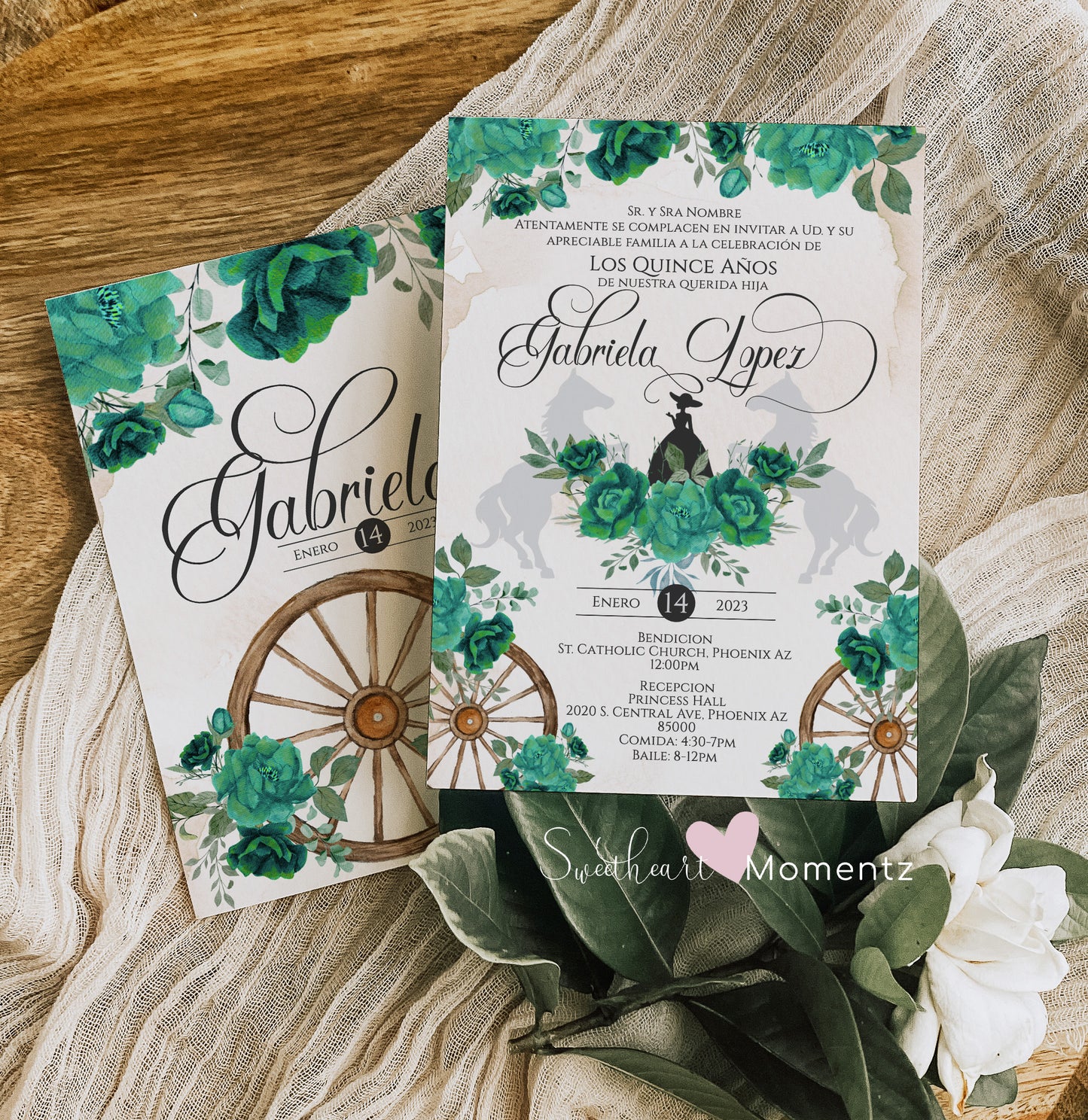 Emerald Green Charro Quinceanera Invitation Style: Gabriela