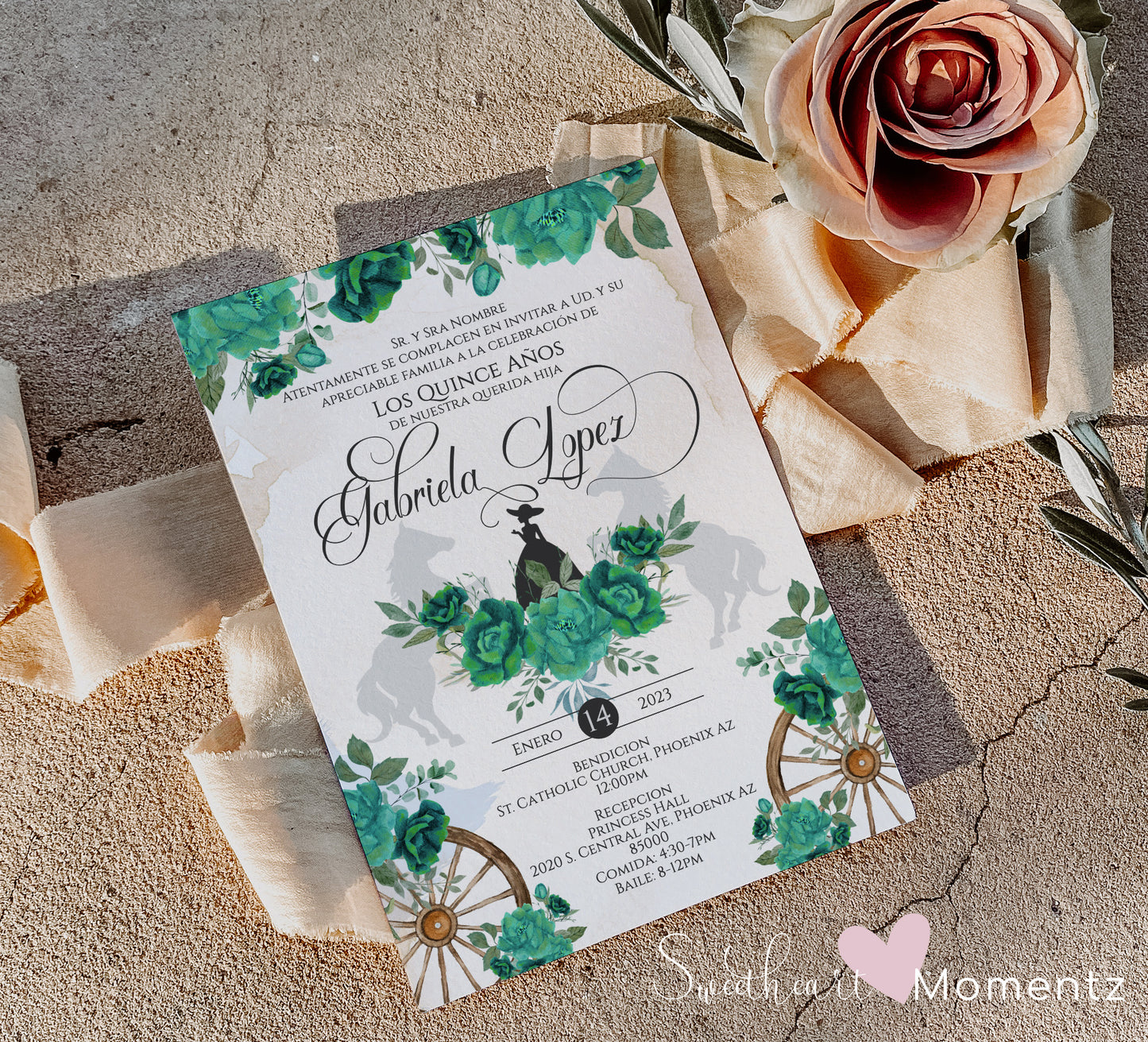 Emerald Green Charro Quinceanera Invitation Style: Gabriela