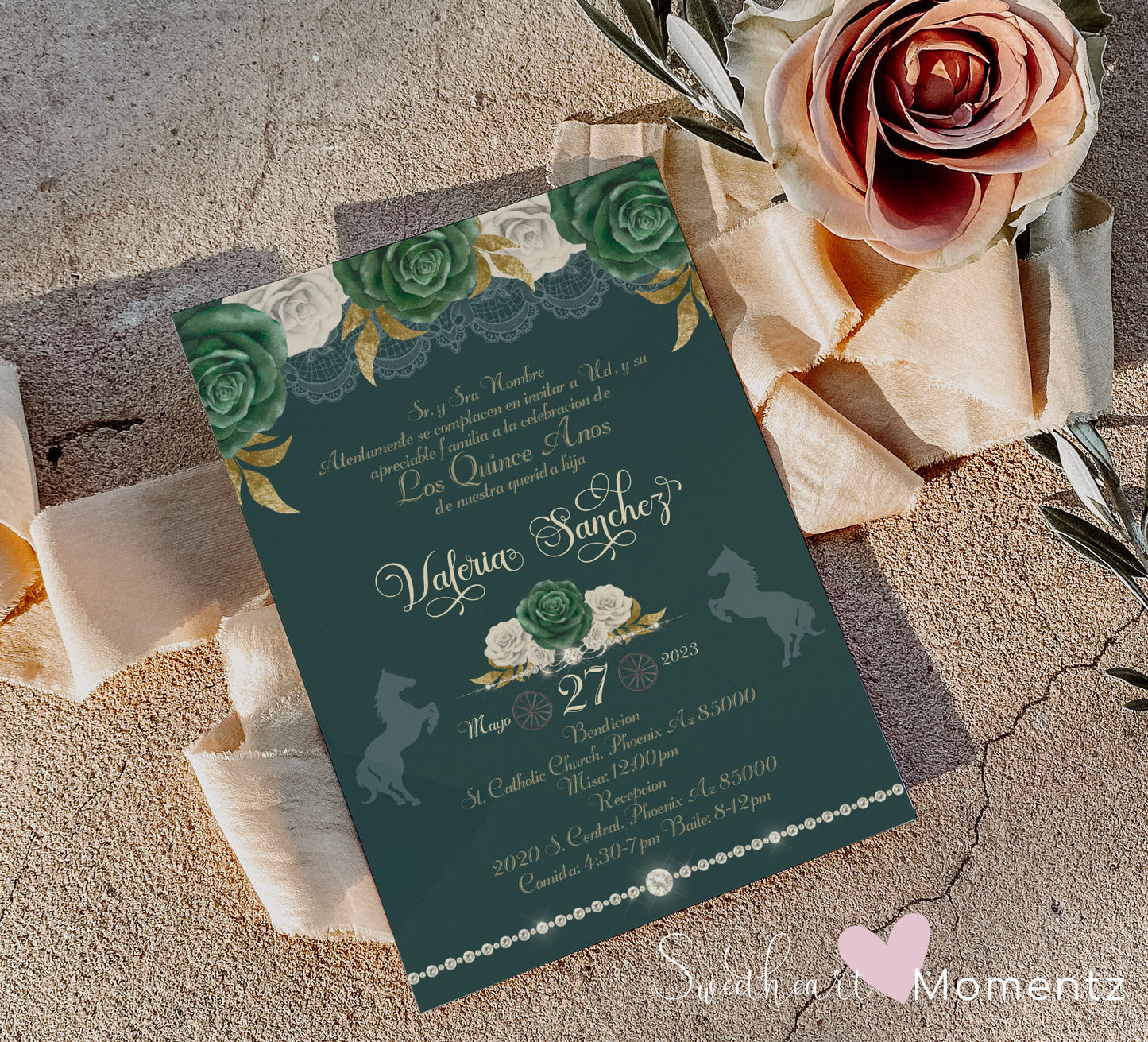 Emerald Green Charro Quinceanera Invitation Style: Valeria