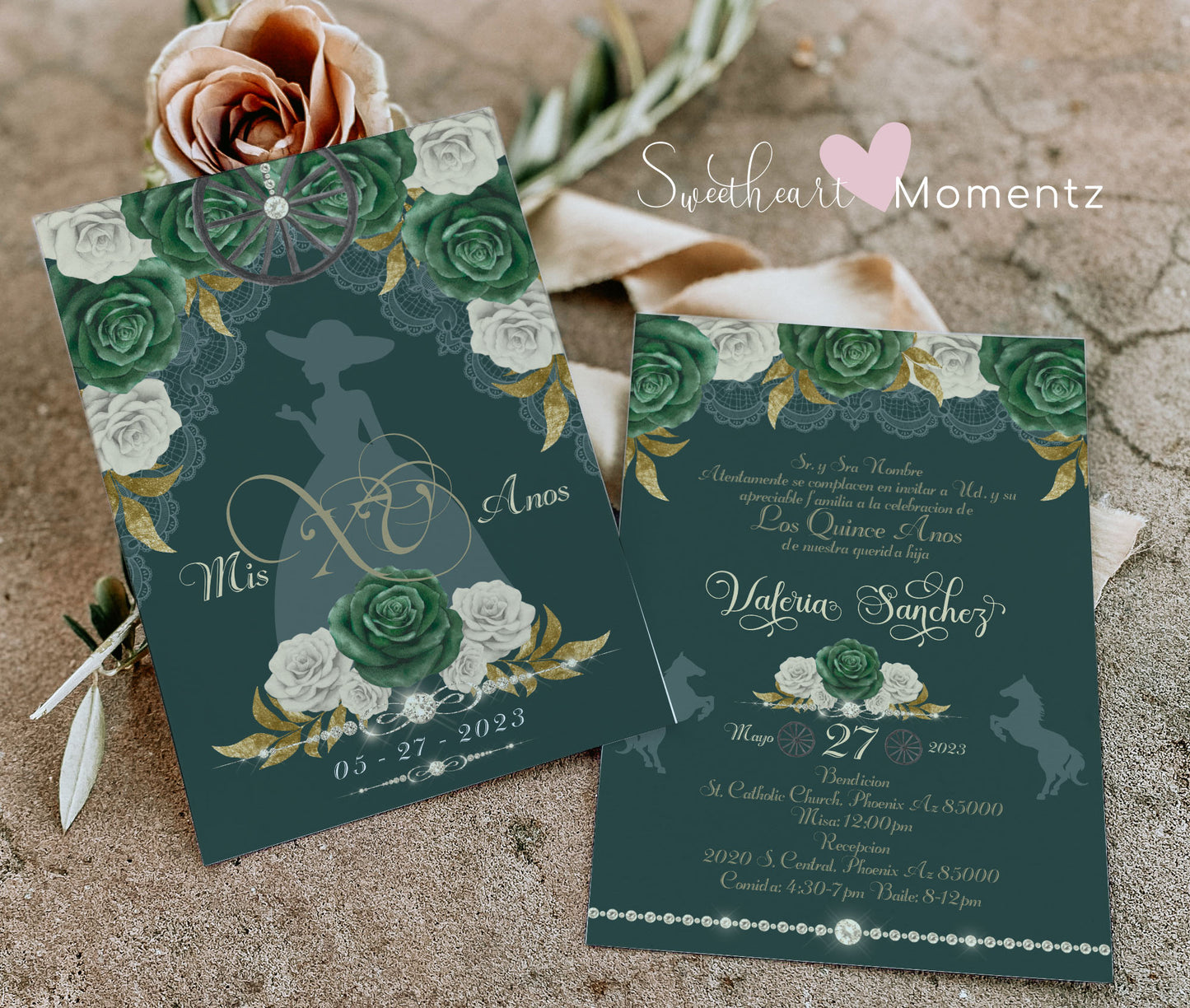 Emerald Green Charro Quinceanera Invitation Style: Valeria