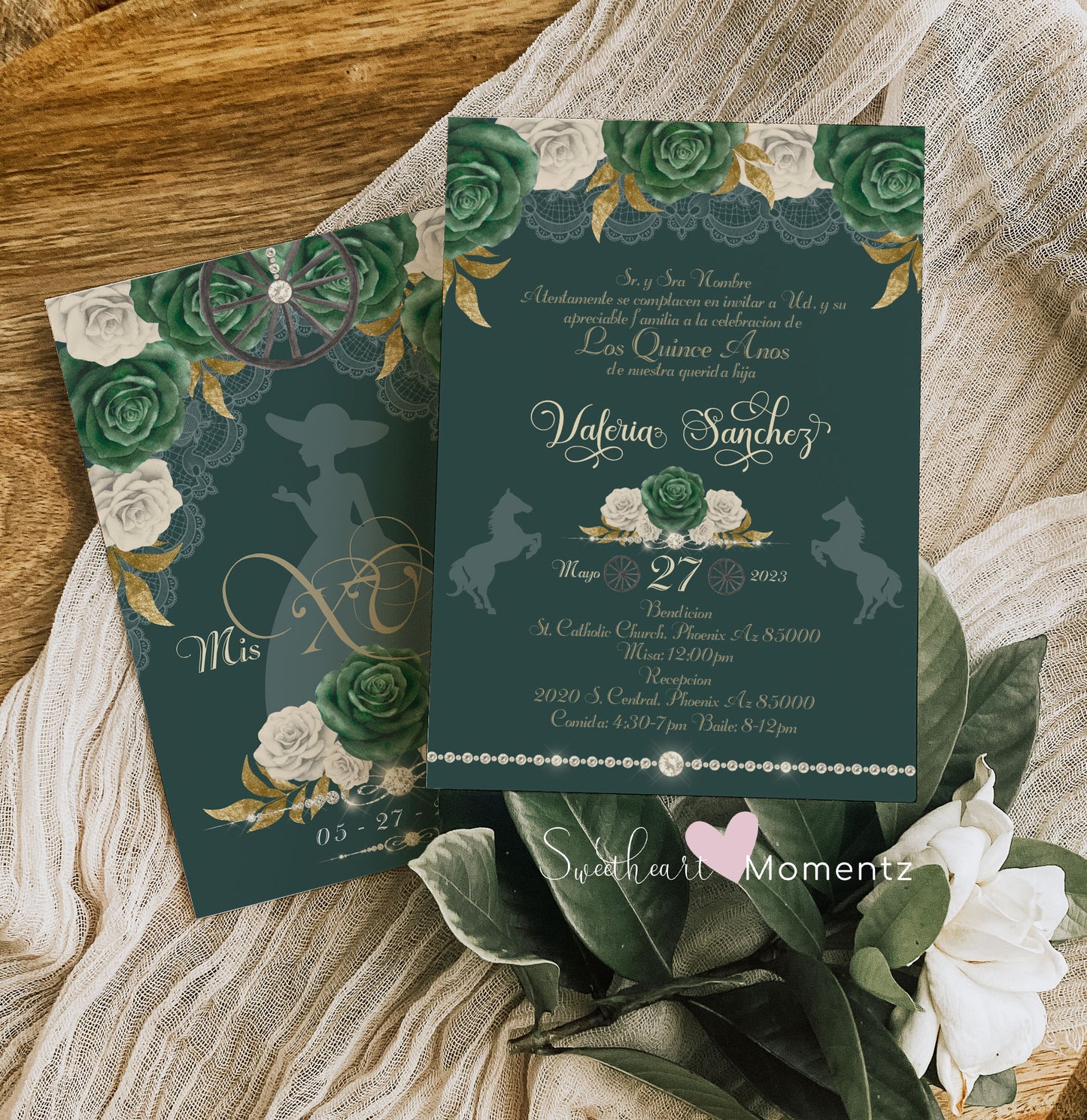 Emerald Green Charro Quinceanera Invitation Style: Valeria