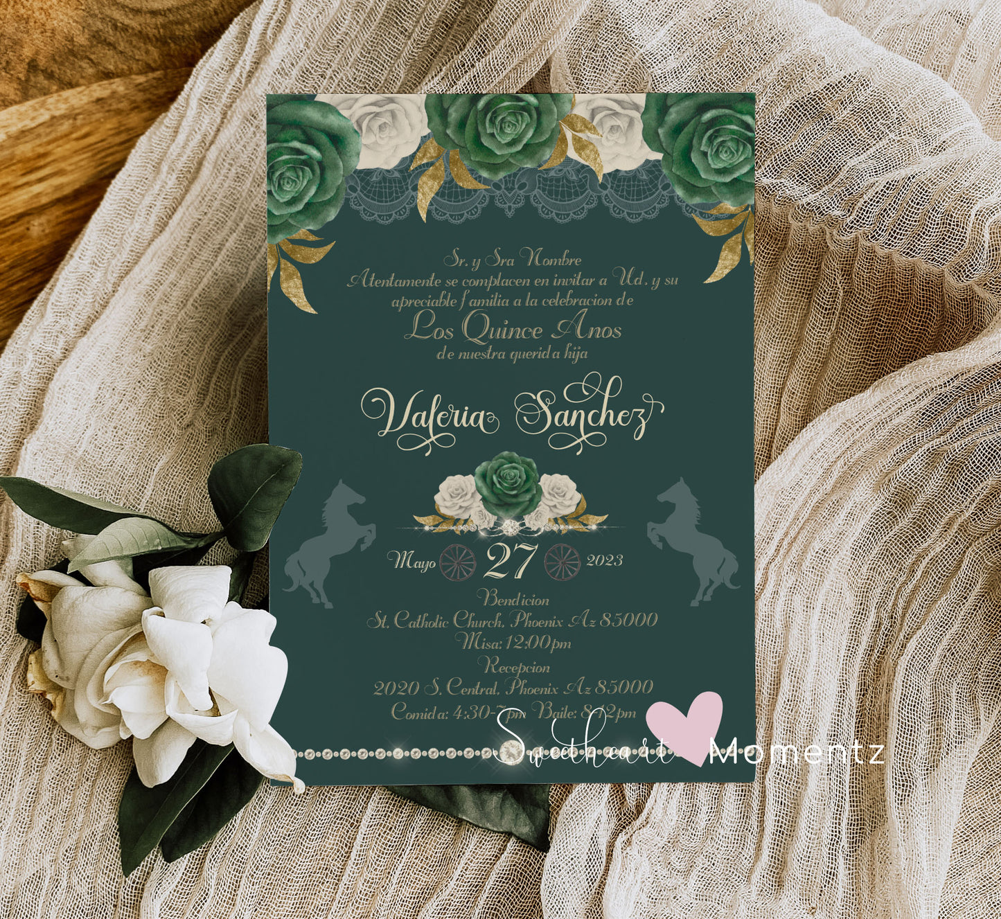 Emerald Green Charro Quinceanera Invitation Style: Valeria