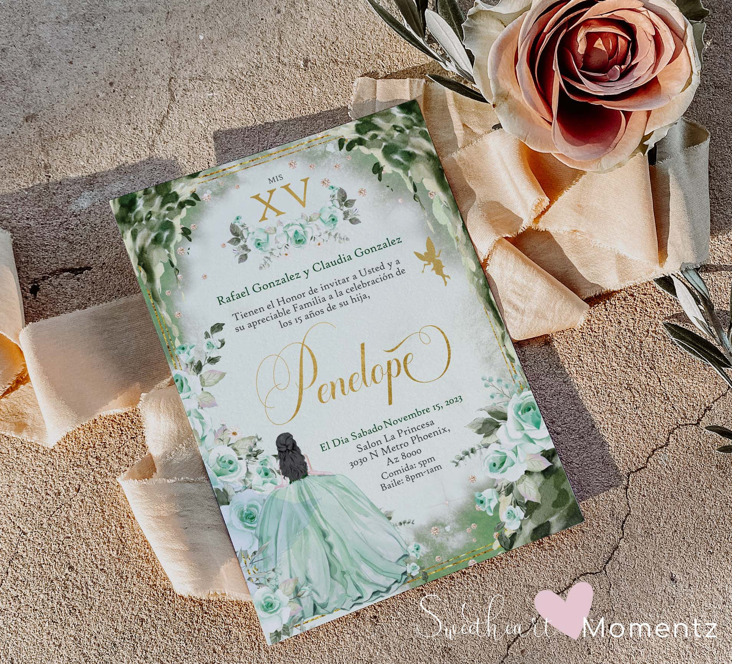 Emerald Green Enchanted Forest Quinceanera Invitation