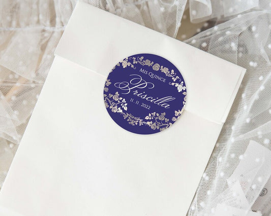 Blue and Silver Quinceanera Party Favors, Blue Quinceanera Stickers, Blue Quinceanera Labels, Blue Quinceanera Tag, 2in Round,