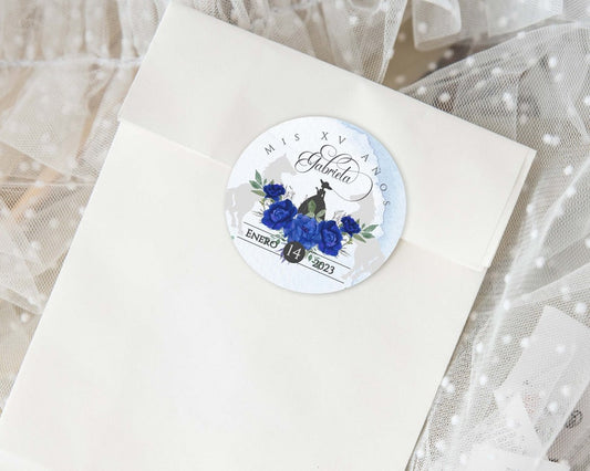 Blue Charro Quinceanera Party Favors, Blue Stickers, Blue Quinceanera Labels, Blue Quinceanera Tag, Blue party favor, 2in Circle, Royal Blue