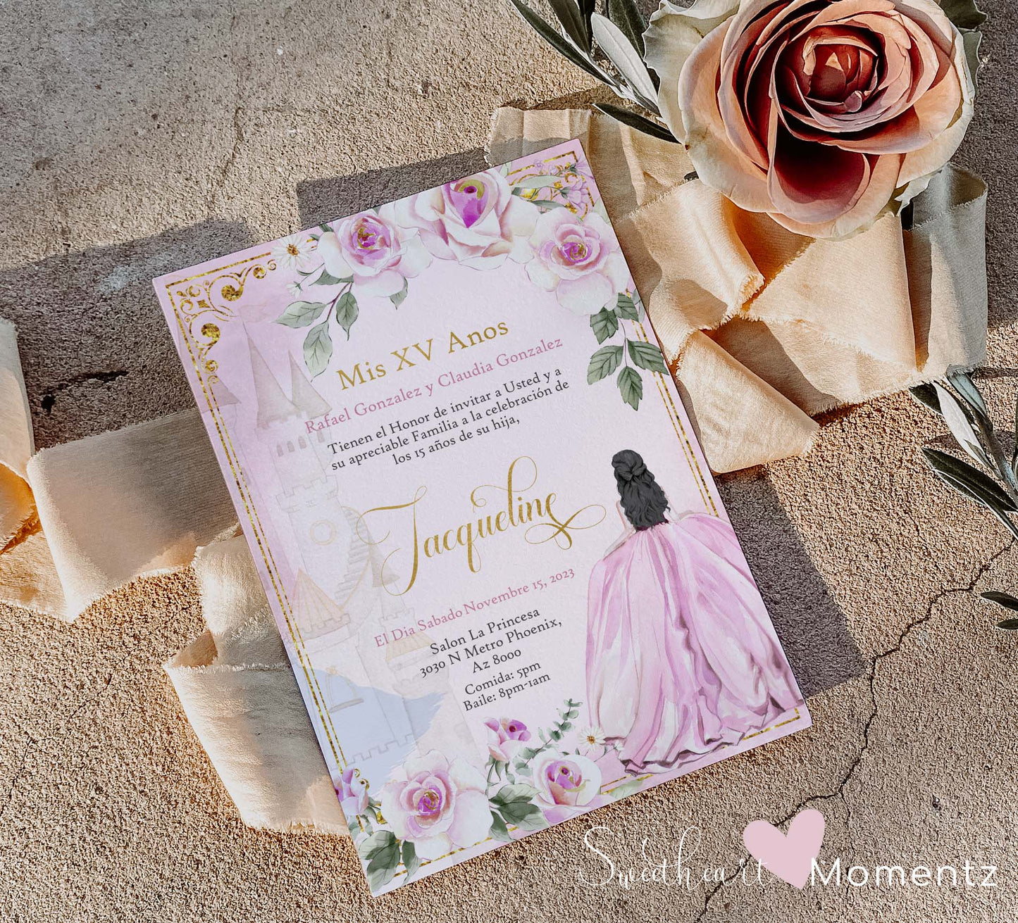 Pink and Gold Princess Quinceanera Invitation