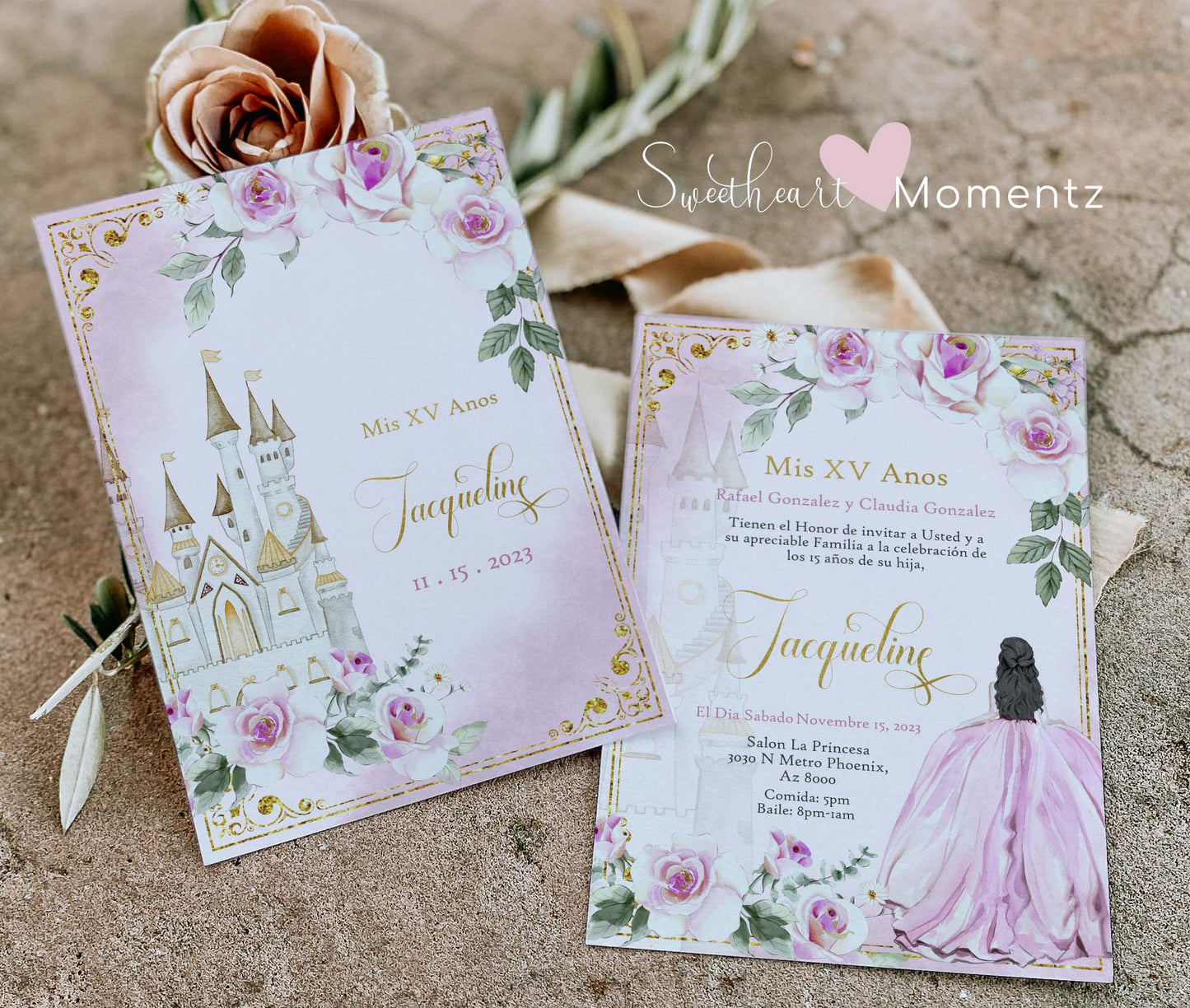 Pink and Gold Princess Quinceanera Invitation