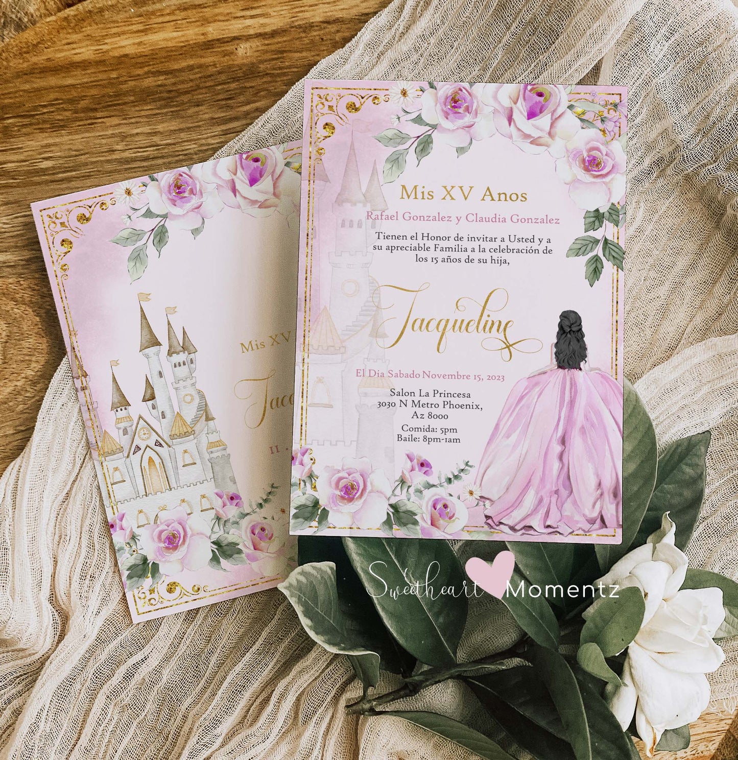 Pink and Gold Princess Quinceanera Invitation