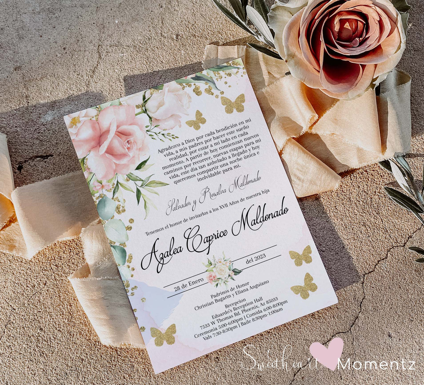 Pink and Gold Butterfly Quinceanera Invitation Style: Azalea