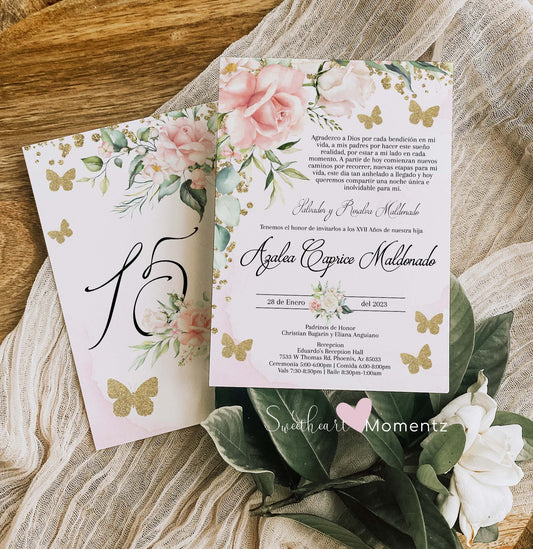 Pink and Gold Butterfly Quinceanera Invitation Style: Azalea