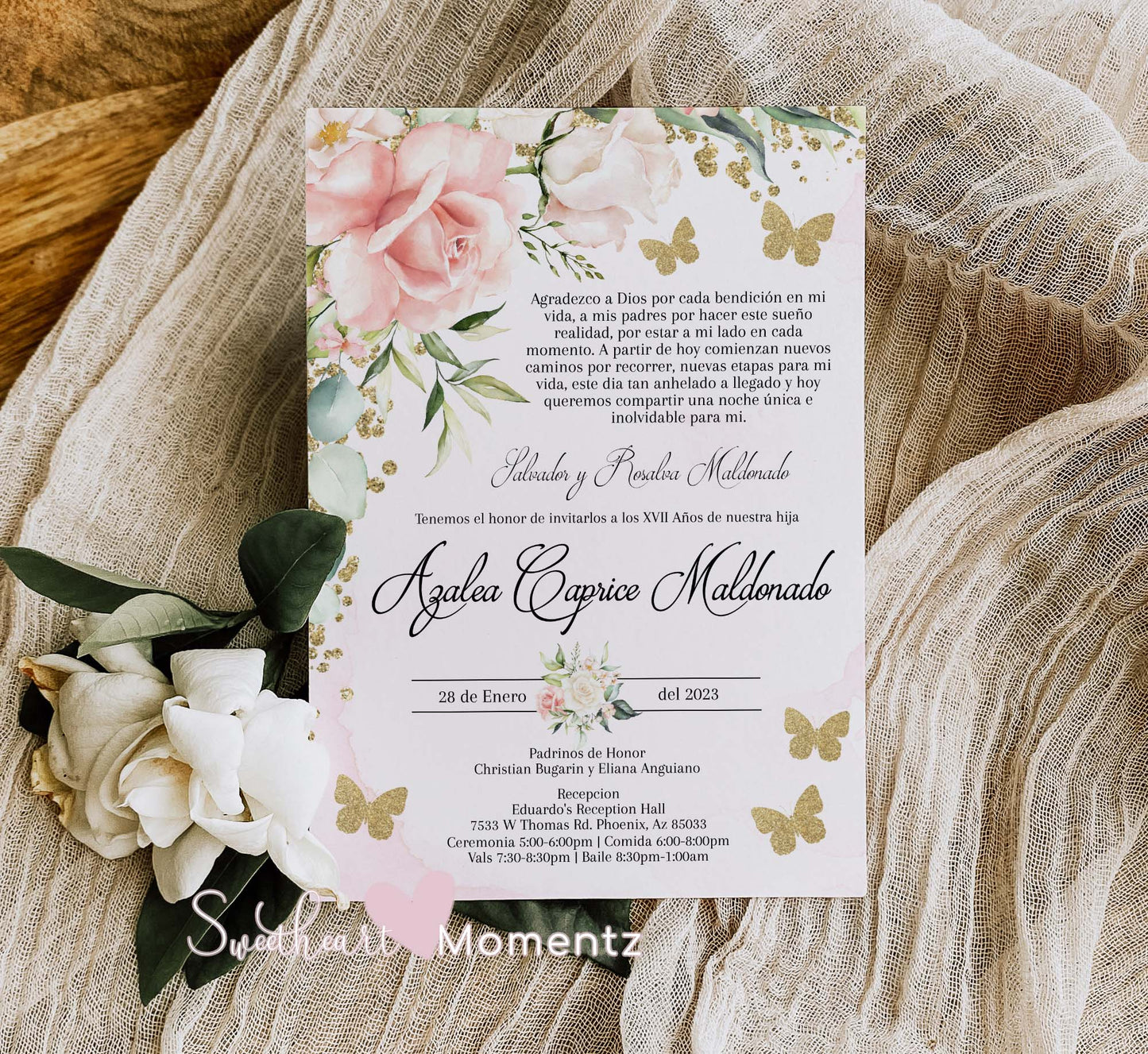 Pink and Gold Butterfly Quinceanera Invitation Style: Azalea