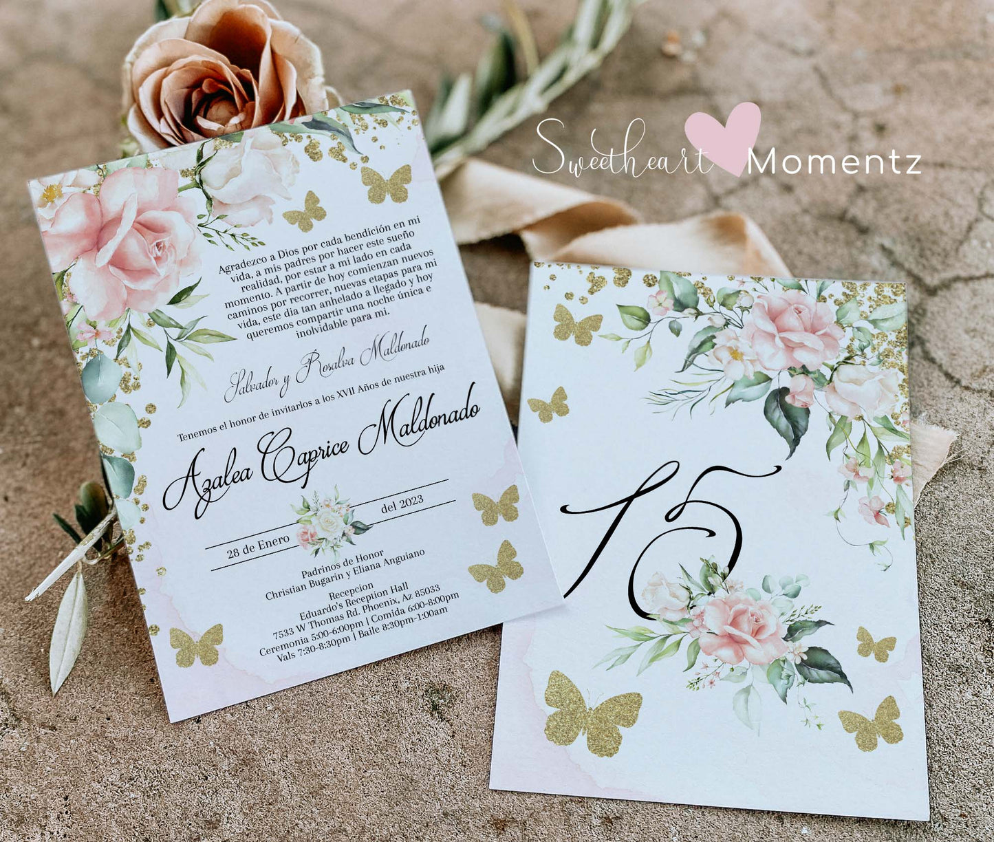 Pink and Gold Butterfly Quinceanera Invitation Style: Azalea