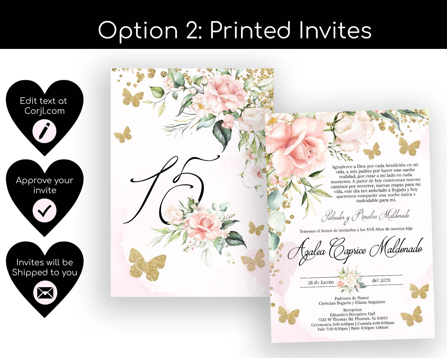 Pink and Gold Butterfly Quinceanera Invitation Style: Azalea