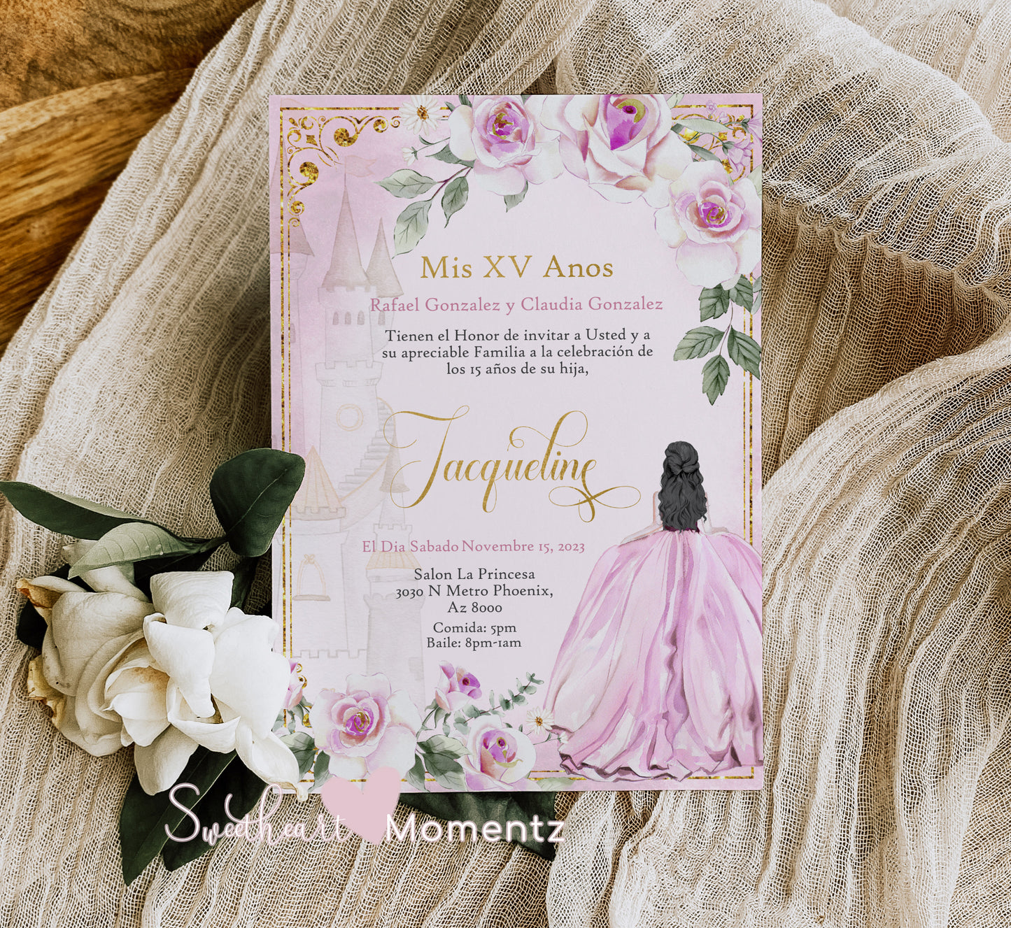 Pink and Gold Princess Quinceanera Invitation