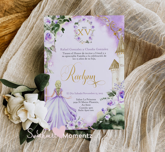 Purple and Gold Rapunzel Quinceanera Invitation