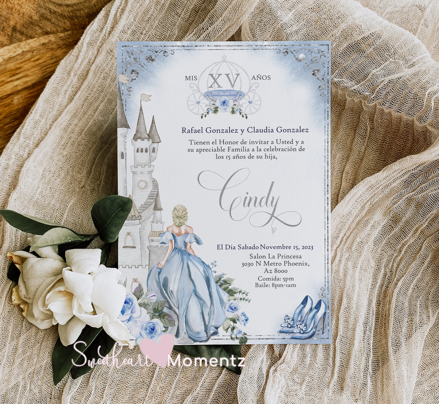 Blue and Silver Cinderella Quinceanera Invitation