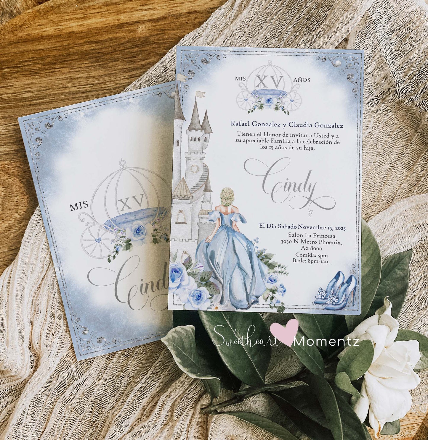 Blue and Silver Cinderella Quinceanera Invitation