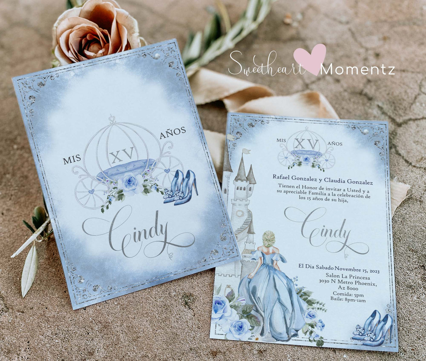 Blue and Silver Cinderella Quinceanera Invitation