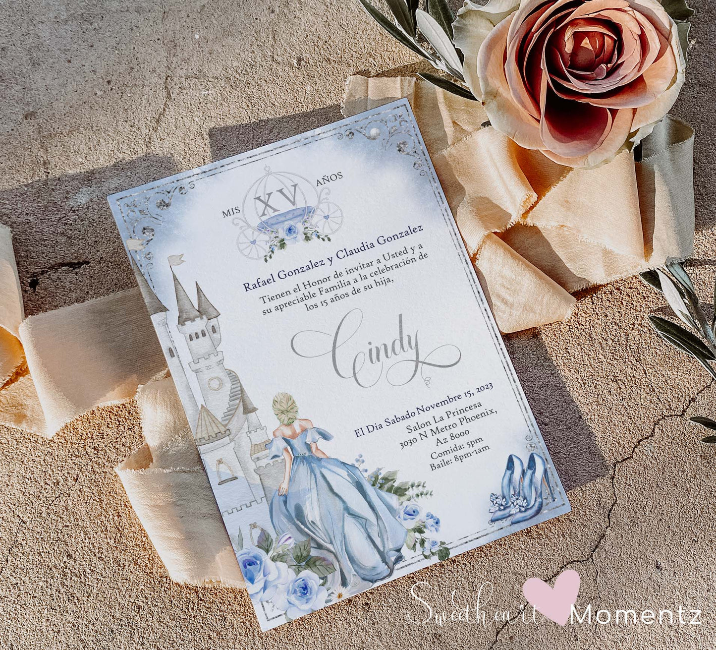 Blue and Silver Cinderella Quinceanera Invitation